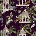 Seamless pattern with ancient arbor and wild animals in the jungle. Vector.