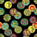 Seamless pattern with ancient coins and medallions on black