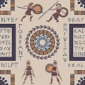 Seamless pattern with ancient greek letters, fighting people and ornament. Traditional ethnic background.