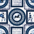 Seamless pattern with ancient greek letters, horses, fighting people and ornament. Traditional ethnic background.