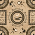 Seamless pattern with ancient greek letters, ships, horses, fighting people and ornament.