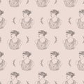 Seamless pattern with ancient greek sculptures. Linear head of Artemis. Goddess antique statue. Trendy vector