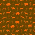 Seamless pattern. Ancient rock drawing with primitive people and prehistoric animals. The Paleolithic era. Royalty Free Stock Photo