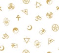 Seamless pattern with ancient sacral symbols. Egyptian, hermetic, religious and magic symbols.