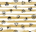 Seamless pattern with ancient sacral symbols on the striped background