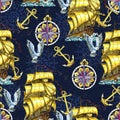 Seamless pattern with ancient sailboat, anchor, victorian compass and gull