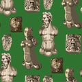 Seamless pattern of ancient statues of a muscular man with a beard, beautiful woman and growling lions heads