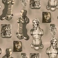 Seamless pattern of ancient statues of a muscular man with a beard, beautiful woman and growling lions heads