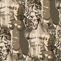 Seamless pattern of ancient statues of a muscular man with a beard and beautiful woman