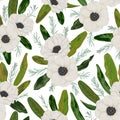 Seamless pattern with anemone flowers, rosemary and protea leaves. Decorative holiday floral background.