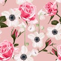 Seamless pattern with anemone and pink roses background. Royalty Free Stock Photo