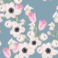 Seamless pattern with anemone and pink tulip background.
