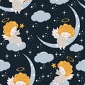 Seamless pattern with angel and moon - vector illustration, eps Royalty Free Stock Photo