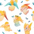 Seamless pattern with angels, birds, feathers and butterflies. Cute background for Easter decor, baby fabrics, packaging, Royalty Free Stock Photo