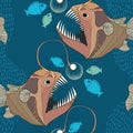 Seamless pattern with Angler fish or monkfish with lantern.