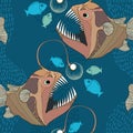 Seamless pattern with Angler fish or monkfish with lantern. Royalty Free Stock Photo