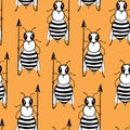 Seamless pattern with angry killer bees on the orange background. Soldier bee with pike. Killer bees army. Royalty Free Stock Photo