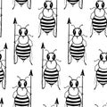 Seamless pattern with angry killer bees. Soldier bee with pike. Killer bees army. Royalty Free Stock Photo