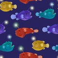 Seamless pattern with angry toothy anglers with lanterns bait. Vector cartoon detailed illustration of anglerfish.