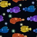 Seamless pattern with angry toothy anglers with lanterns bait. Vector cartoon detailed illustration of anglerfish.