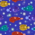 Seamless pattern with angry toothy anglers with lanterns bait. Vector cartoon detailed illustration of anglerfish.