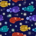 Seamless pattern with angry toothy anglers with lanterns bait. Vector cartoon detailed illustration of anglerfish.