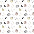 Seamless pattern with animal faces and trees. Doodle scandinavian style texture background with hedgehog,squirrel and bear