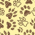 Seamless pattern with animal footprints, pet paw stamps on white background, hatched animal steps, trials and traces