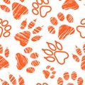 Seamless pattern with animal footprints, pet paw stamps on white background, hatched animal steps, trials and traces, vector illus