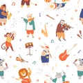 Seamless pattern with animal musicians. Cute kids characters playing music on guitar, violin, fife, drums and sax