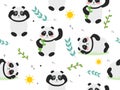 Seamless pattern with animal panda. Vector illustration with panda, bamboo branch, sun, star, doodle