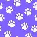 Seamless pattern with animal paw prints silhouette. Light blue and white. Cute and funny. Cartoon style. Cats and dogs. Pet shop.