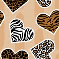 Seamless pattern of animal skin in shape of heart: leopard, giraffe, tiger and zebra. Royalty Free Stock Photo