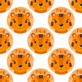 Seamless pattern animal tiger face. Funny head muzzle