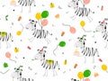 Seamless pattern with animal zebra. Vector illustration with a zebra in a festive cap, balloons, cake, gift Royalty Free Stock Photo