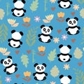 Seamless pattern with animals. Cute black and white pandas, and botanical elements of grass and flowers Royalty Free Stock Photo