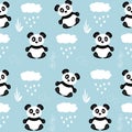 Seamless pattern with animals. Cute black and white pandas, clouds with rain Royalty Free Stock Photo