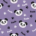 Seamless pattern with animals. Cute black and white pandas, footprints. Vector flat design Royalty Free Stock Photo