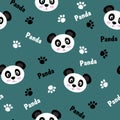 Seamless pattern with animals. Cute black and white pandas, footprints. Vector flat design Royalty Free Stock Photo