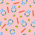 Seamless pattern with animals on a pink background. A pattern with a baby rattle in the form of a cat. Kawaii animals Royalty Free Stock Photo