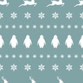 Seamless pattern with antarctic penguins, deers and snowflakes. white standing pinguin