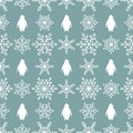 Seamless pattern with antarctic penguins and snowflakes. white standing pinguin