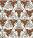 Seamless pattern with antelope heads with folk art. Gazelle with floral ornament. Kaleidoscope with animals