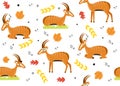 Seamless pattern with antelope. Vector illustration with animal antelope, plant leaves, star, doodle