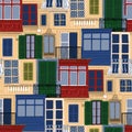 Seamless pattern of antient maltese balconies with various decorations and colors.