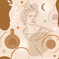 Seamless pattern with antique sculpture of Apollo, abstract terracotta shape, plants, vases and sun symbol.