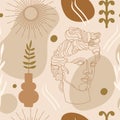 Seamless pattern with antique sculpture of Apollo, abstract terracotta shape, plants, vases and sun symbol.