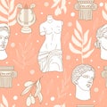 Seamless pattern with antique statues, lyre, column, abstract terracotta shape and olive branch. Royalty Free Stock Photo