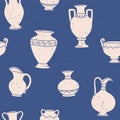 Seamless pattern antique vases. Background with ceramic pot, pottery vase, various jug. Wallpaper with abstract Royalty Free Stock Photo