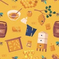 Seamless Pattern With Apiary Items Features Bees, Hives, Frame, Wax And Honeycombs Arranged In A Repeating Design